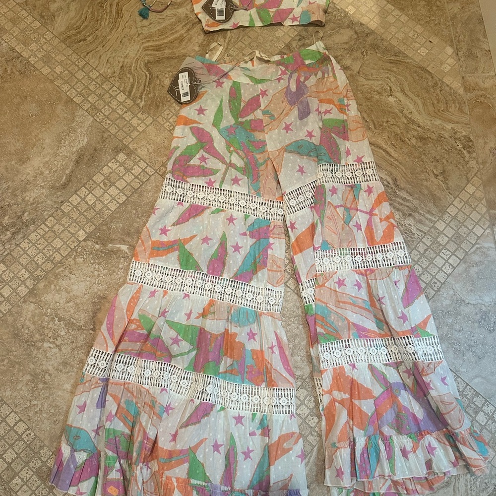 ZL Europe NWT matching set. Colorful Patterned Crochet Details. S top, M pant.